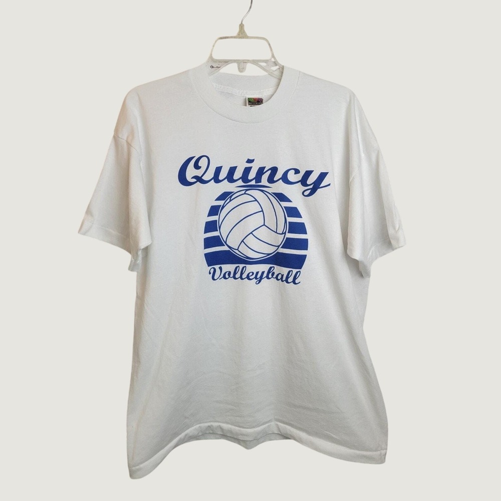 Quincy Volleyball Single Stitch T-Shirt Vintage 90s Fruit of the Loom White XL